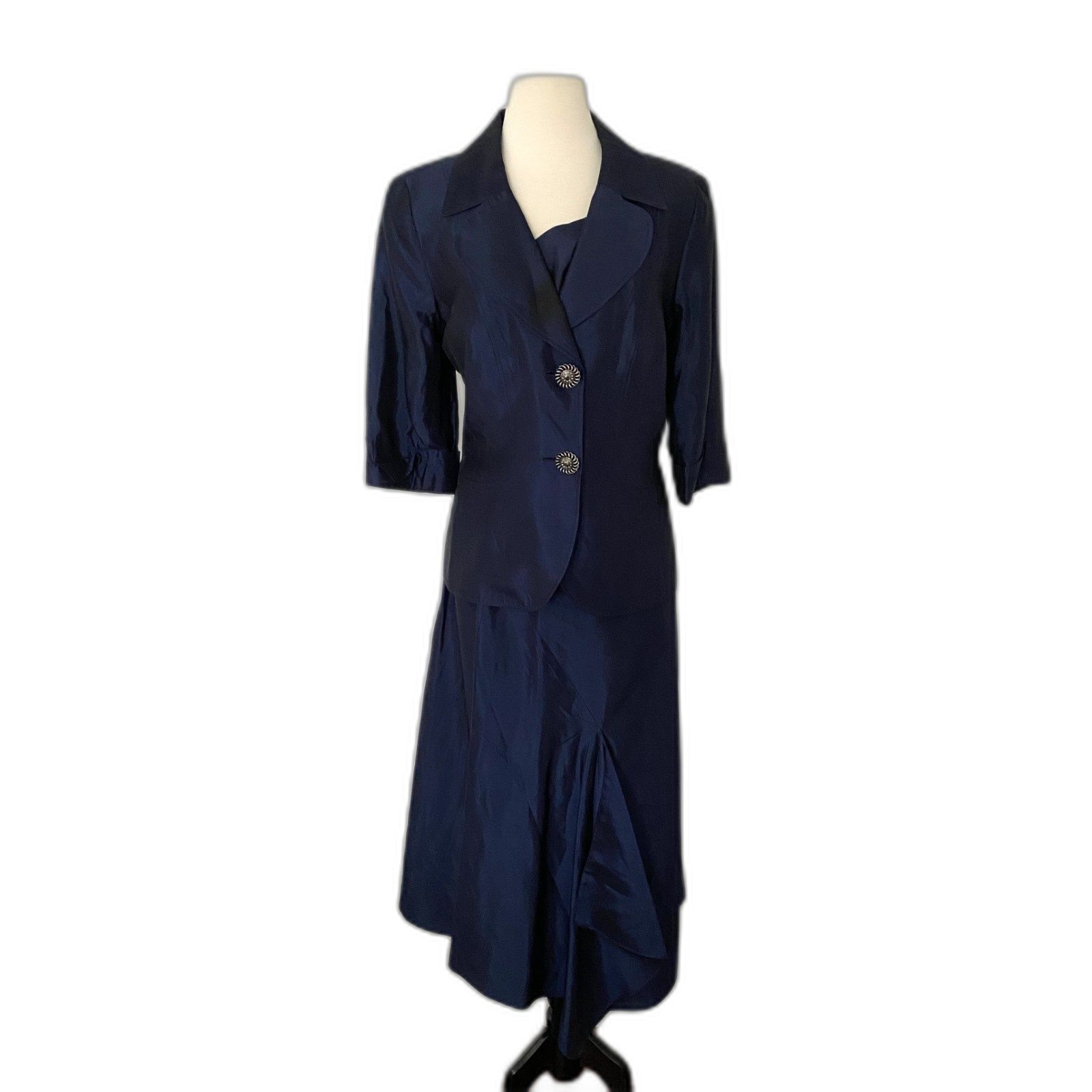 Vtg Elizeh Lily & Taylor Blue Shiny 2 Piece Skirt Set Jacket Womens Usa Sz 12